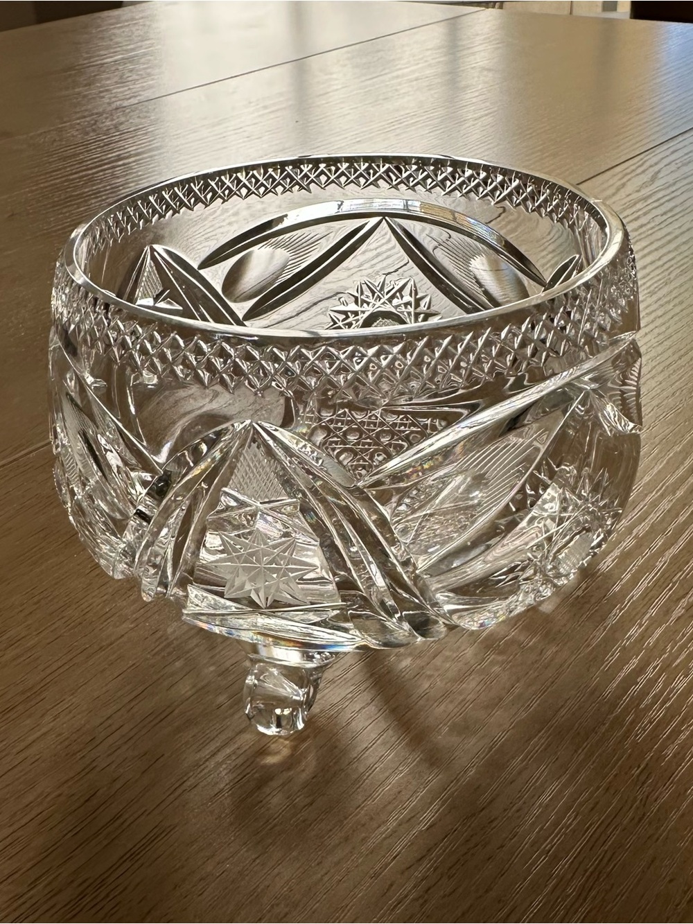 Vintage American Brilliant Cut Glass Three-Footed Bowl w/ Hobstars Heavy Crystal